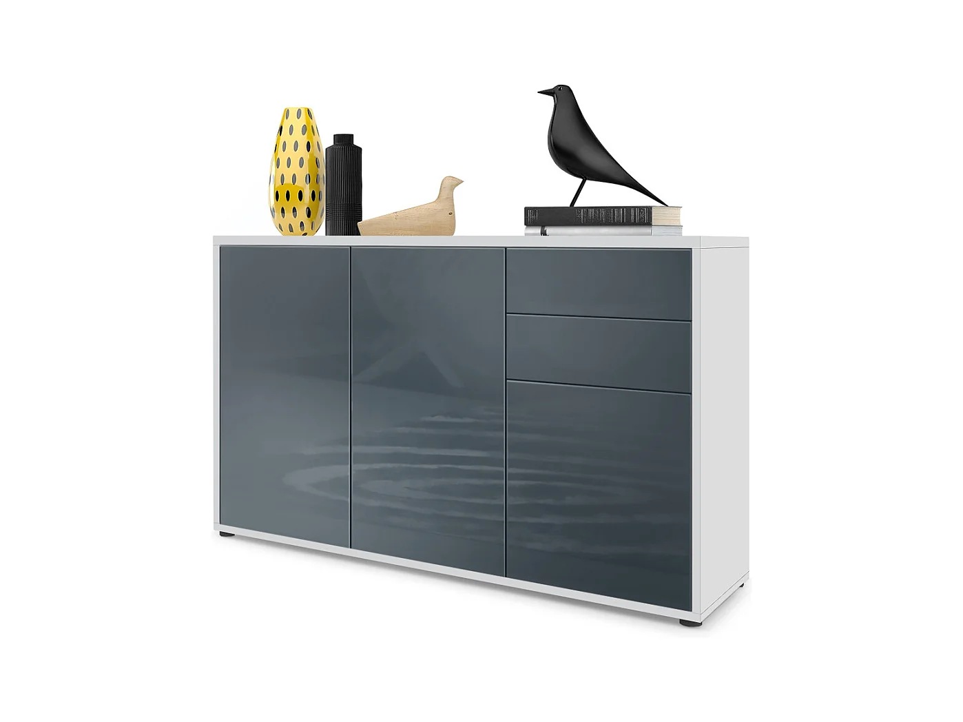 Buffet Ben V3, Commode avec 3 portes et 2 tiroirs, Blanc mat/Gris haute brillance (117 x 74 x 36 cm)