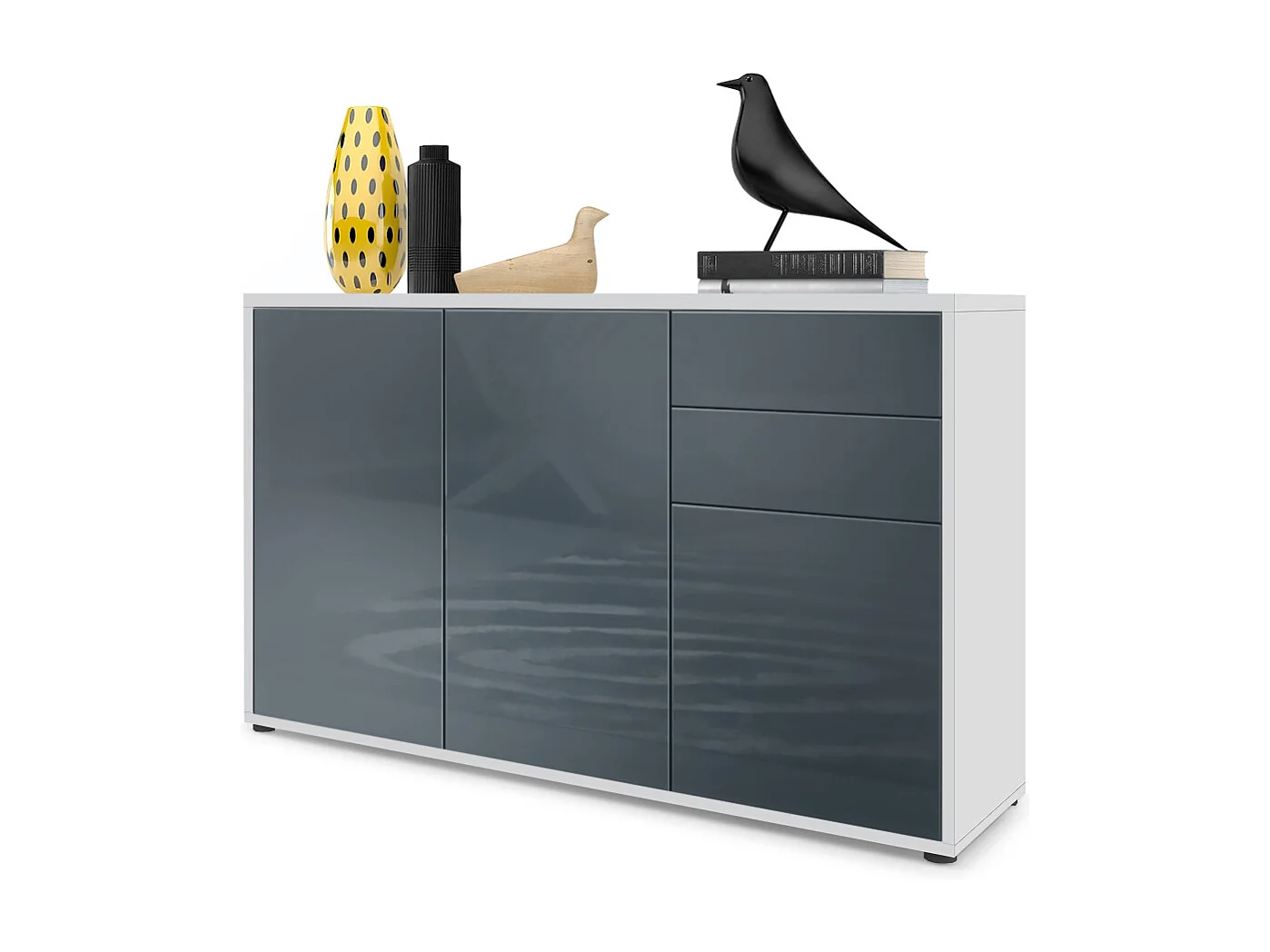 Buffet Ben V3, Commode avec 3 portes et 2 tiroirs, Blanc mat/Gris haute brillance (117 x 74 x 36 cm)