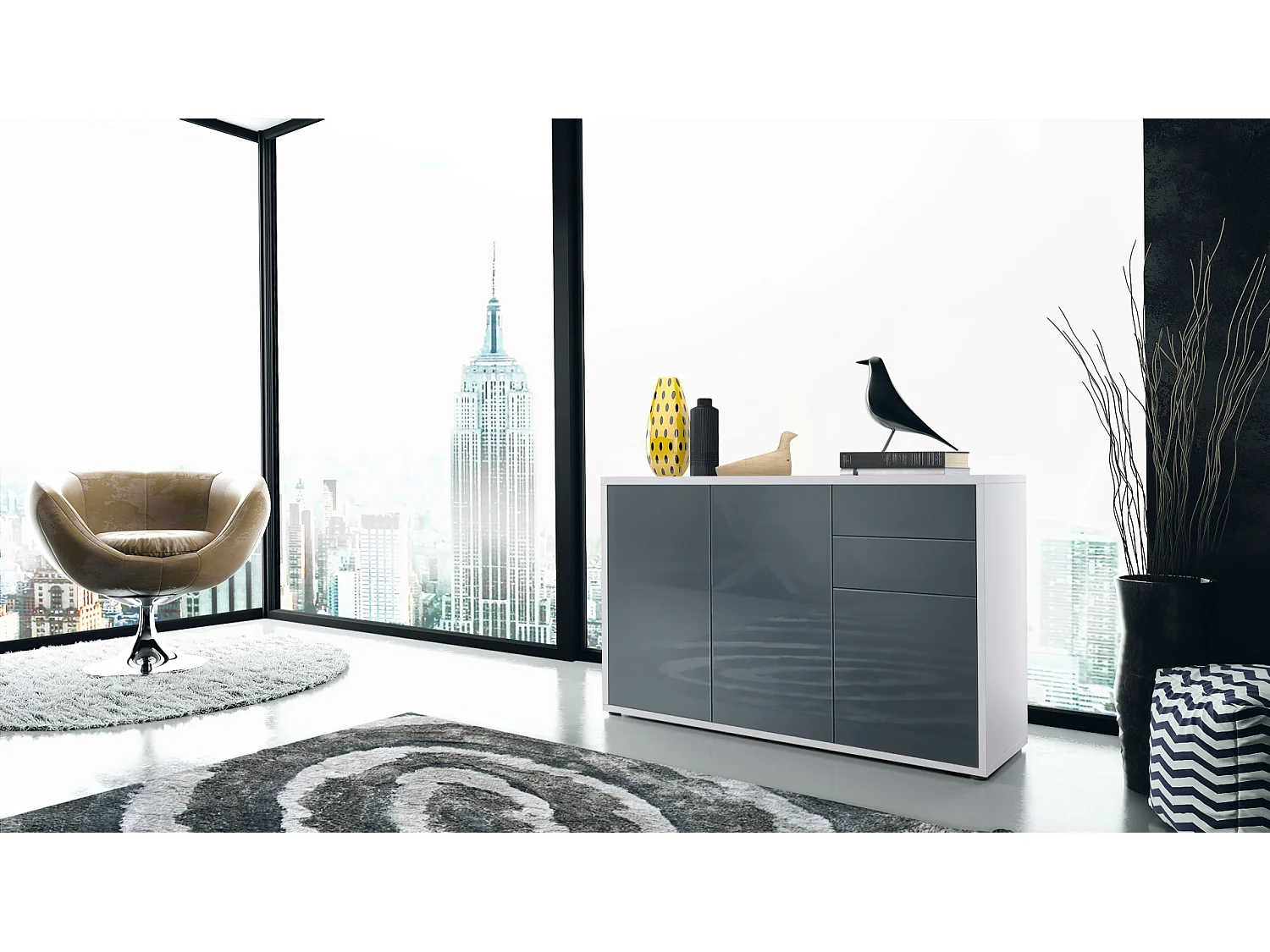 Buffet Ben V3, Commode avec 3 portes et 2 tiroirs, Blanc mat/Gris haute brillance (117 x 74 x 36 cm)