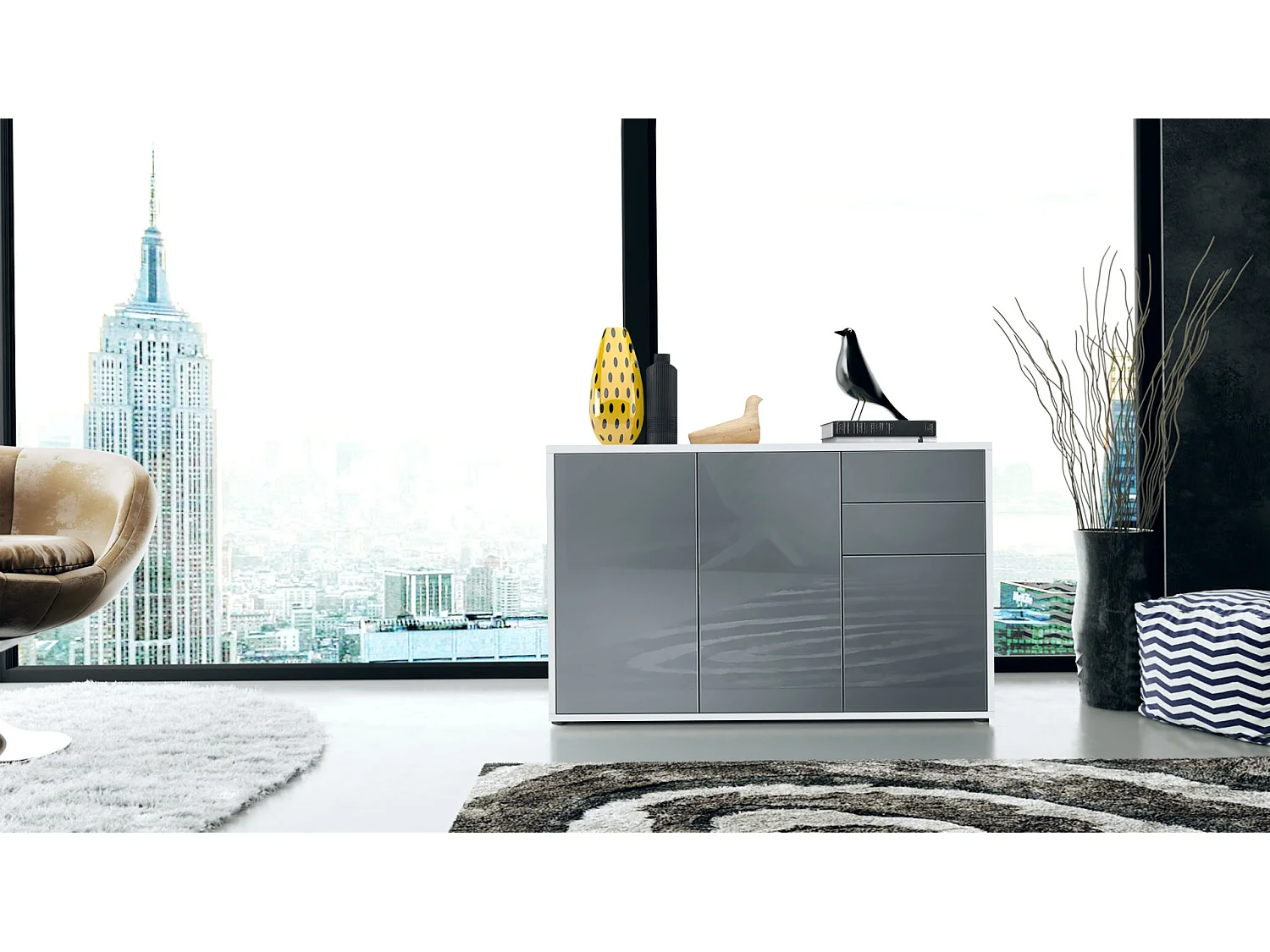 Buffet Ben V3, Commode avec 3 portes et 2 tiroirs, Blanc mat/Gris haute brillance (117 x 74 x 36 cm)