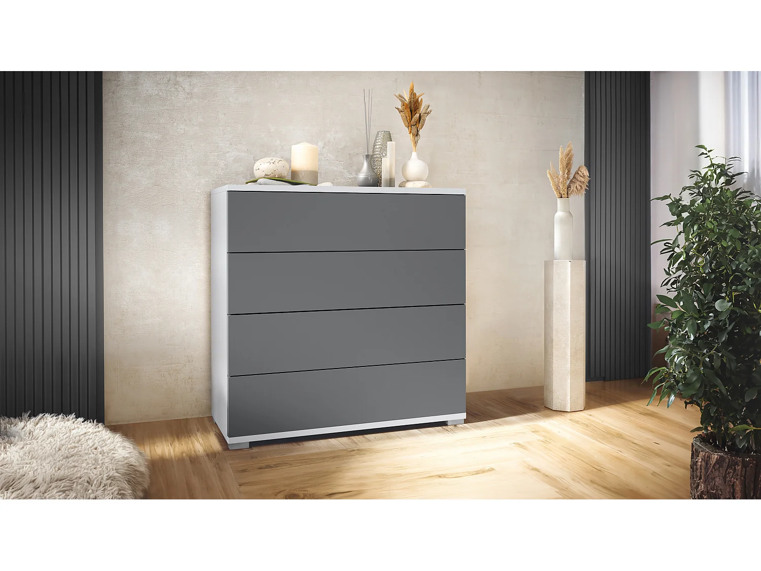 Vladon Cassettiera Pavos V3, Credenza con 4 cassetti bianco opaco/antracite opaco  (76 x 76 x 35 cm)