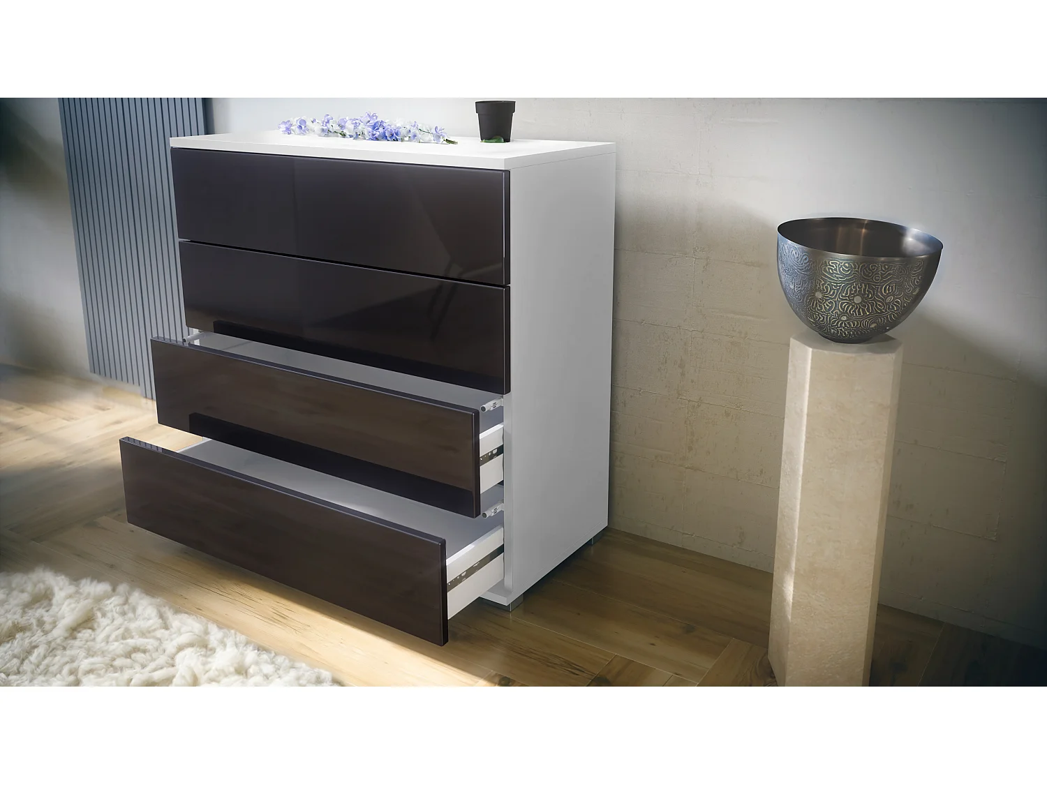 Vladon Cassettiera Pavos V3, Credenza con 4 cassetti bianco opaco/antracite opaco  (76 x 76 x 35 cm)