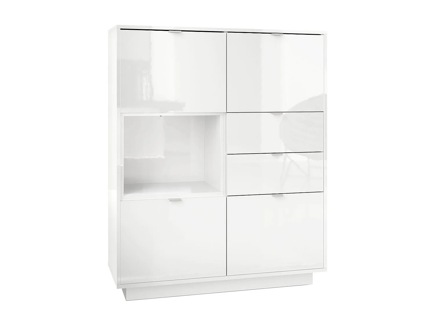 Buffet haut Armoire Metro, Corps en Blanc haute brillance / Façades en Blanc haute brillance avec une insertion en Blanc haute brillance