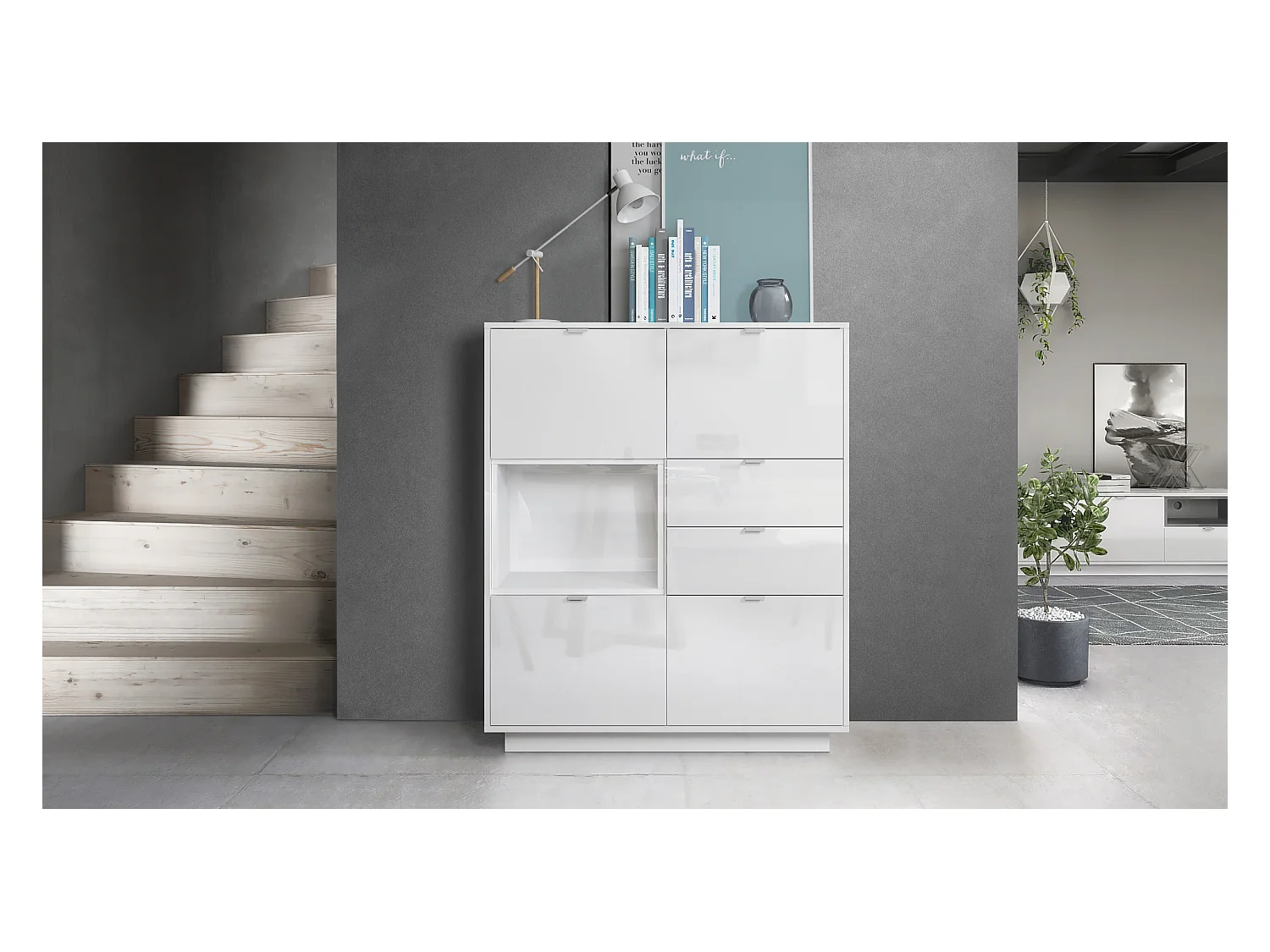 Buffet haut Armoire Metro, Corps en Blanc haute brillance / Façades en Blanc haute brillance avec une insertion en Blanc haute brillance
