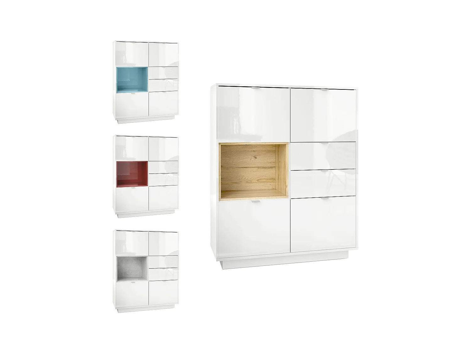 Buffet haut Armoire Metro, Corps en Blanc haute brillance / Façades en Blanc haute brillance avec une insertion en Blanc haute brillance