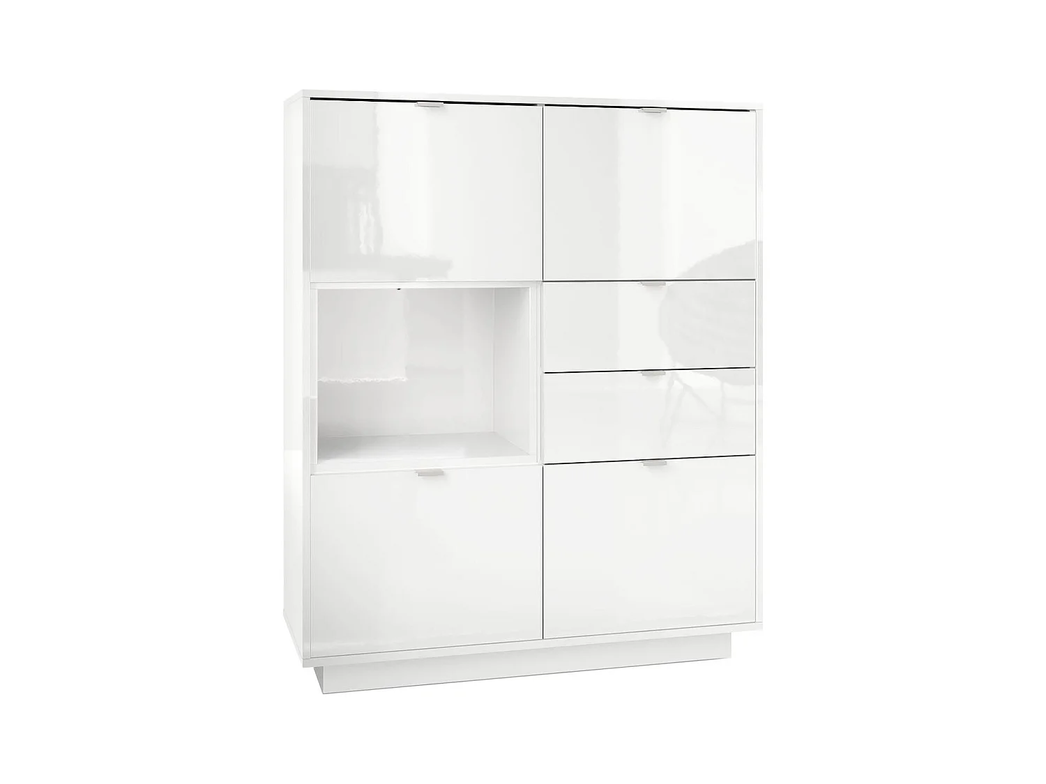 Buffet haut Armoire Metro, Corps en Blanc haute brillance / Façades en Blanc haute brillance avec une insertion en Blanc haute brillance