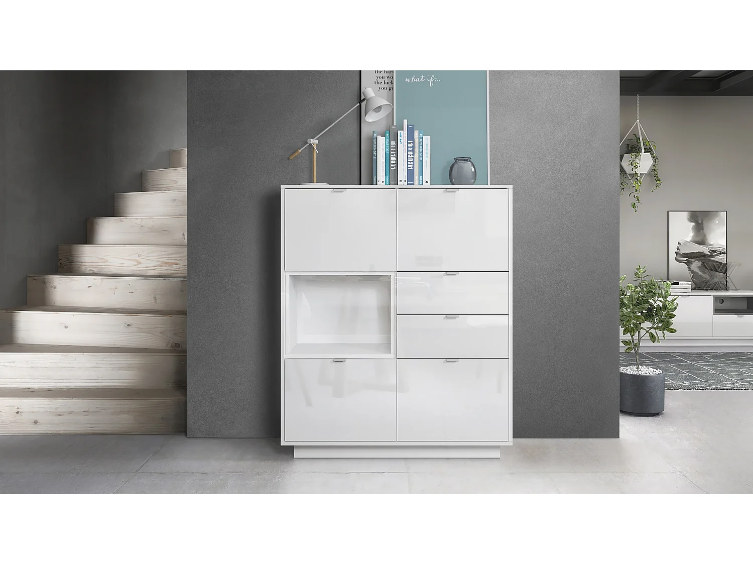Credenza Metro, struttura in bianco lucido / frontale in bianco lucido con inserto in bianco lucido