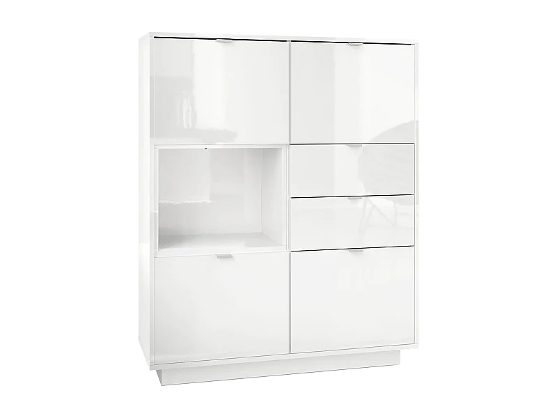 Buffet haut Armoire Metro, Corps en Blanc haute brillance / Façades en Blanc haute brillance avec une insertion en Blanc haute brillance