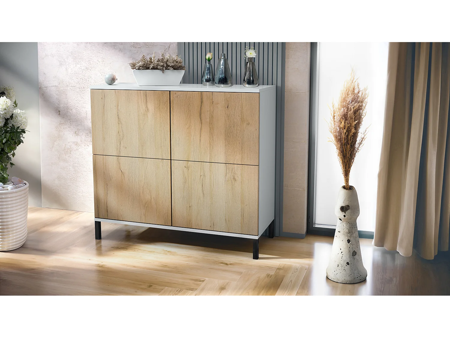 Credenza Rova V3 – Mobile da cucina moderno con 4 ante Push-to-Open bianco opaco / rovere naturale (92,5 x 83.5 x 35)