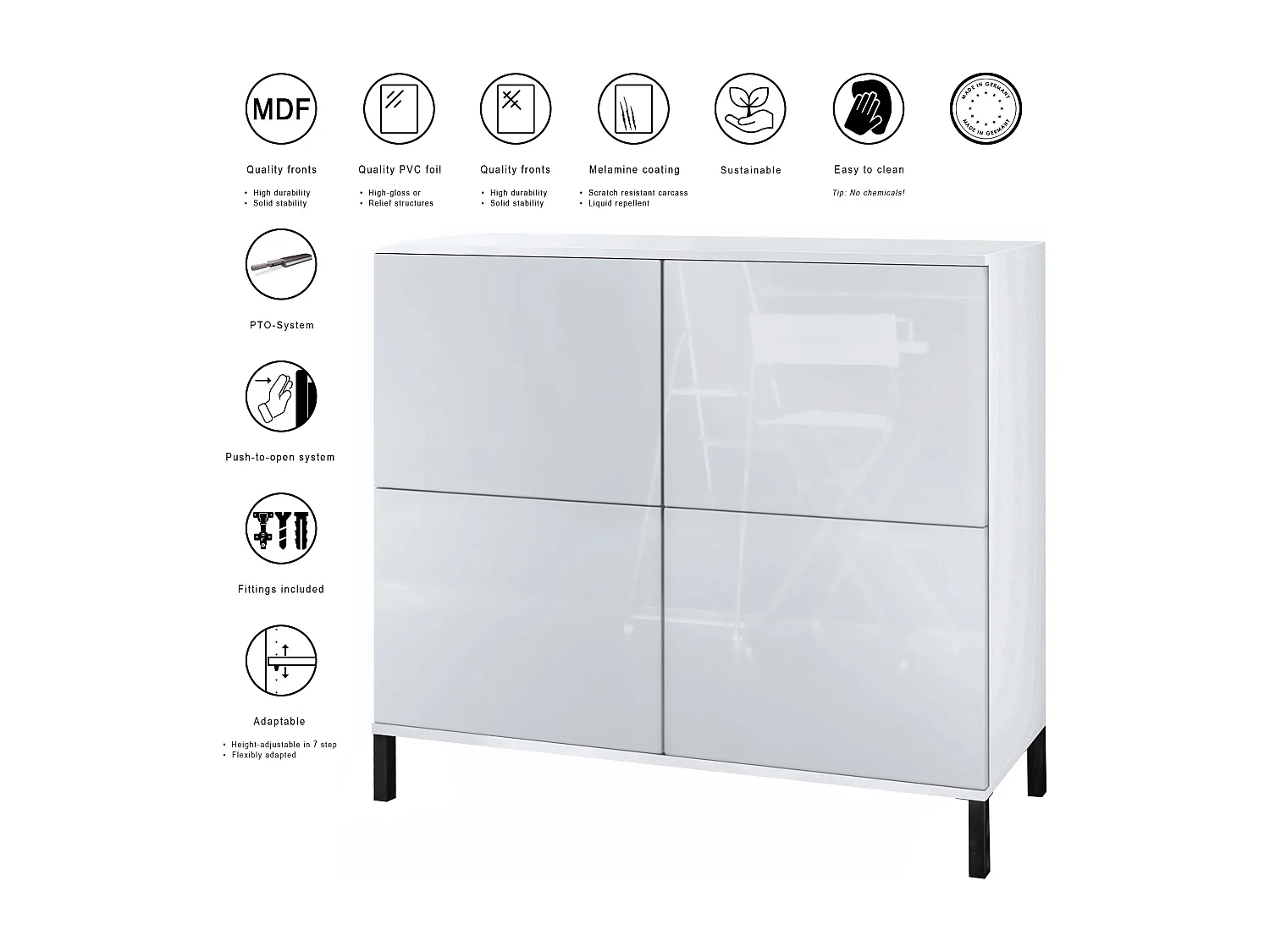 Credenza Rova V3 – Mobile da cucina moderno con 4 ante Push-to-Open bianco opaco / rovere naturale (92,5 x 83.5 x 35)