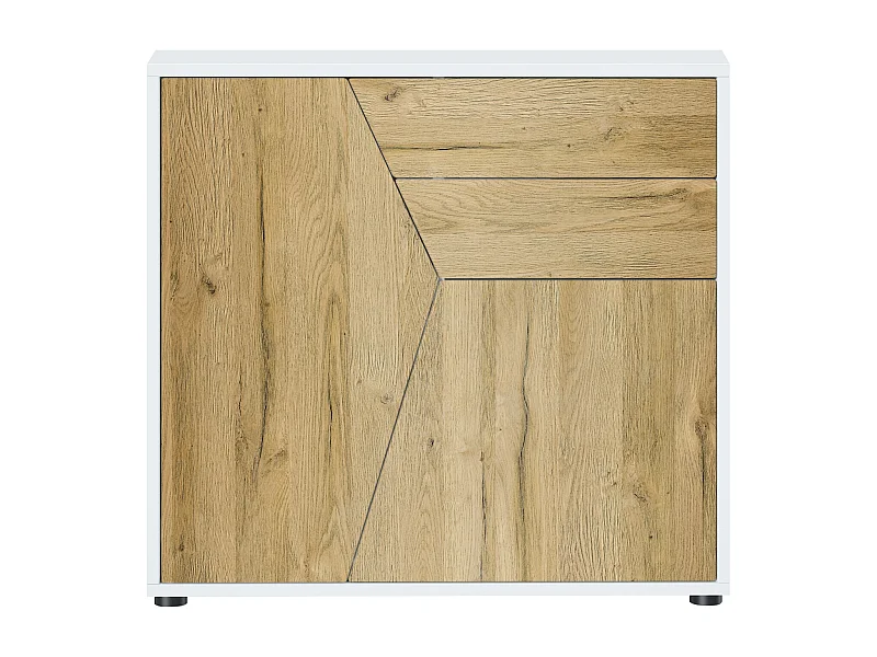 Buffet Benny, Commode avec 2 portes et 2 tiroirs, Blanc mat/Chêne Nature (79 x 74 x 36 cm)