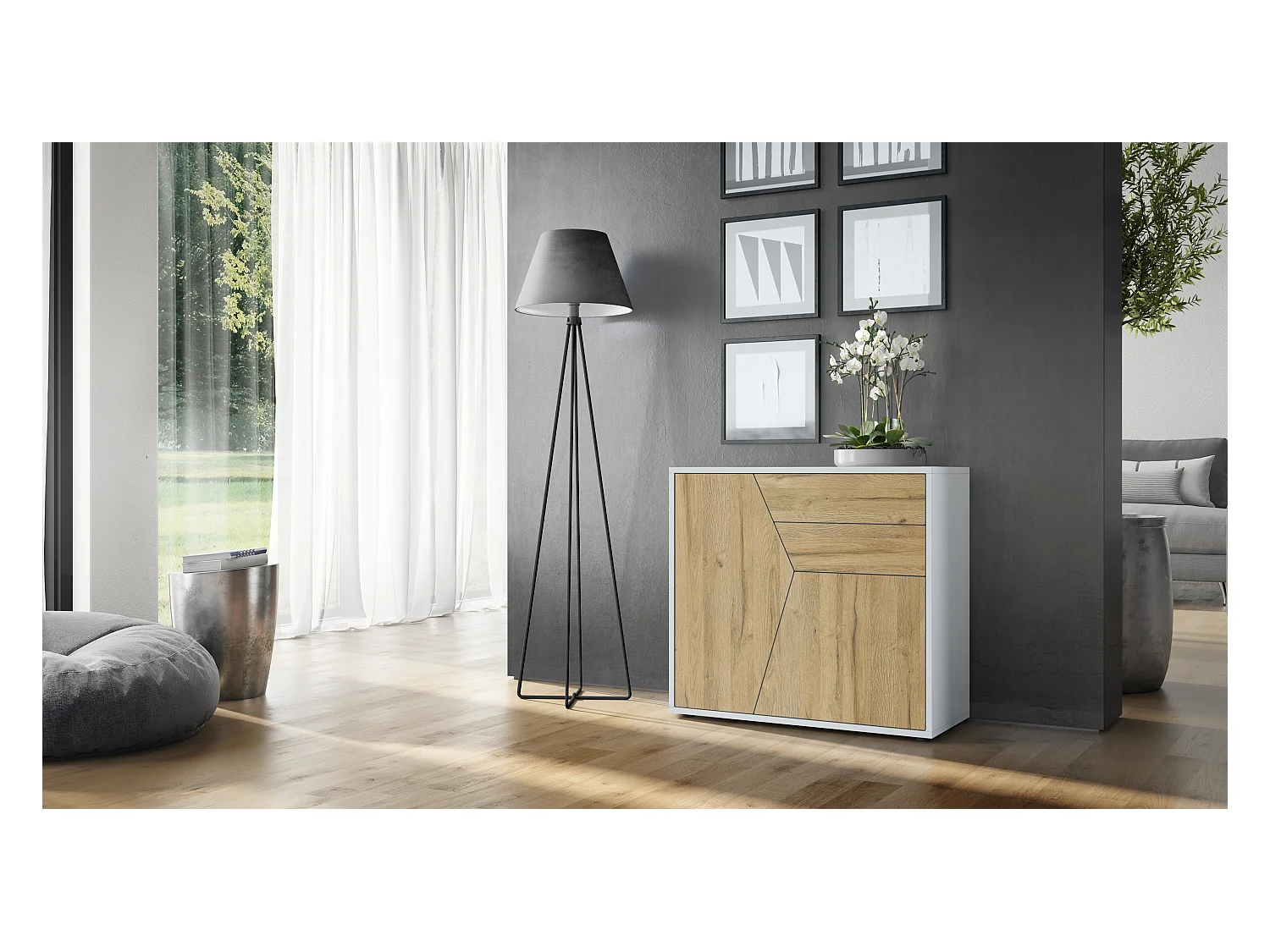 Buffet Benny, Commode avec 2 portes et 2 tiroirs, Blanc mat/Chêne Nature (79 x 74 x 36 cm)