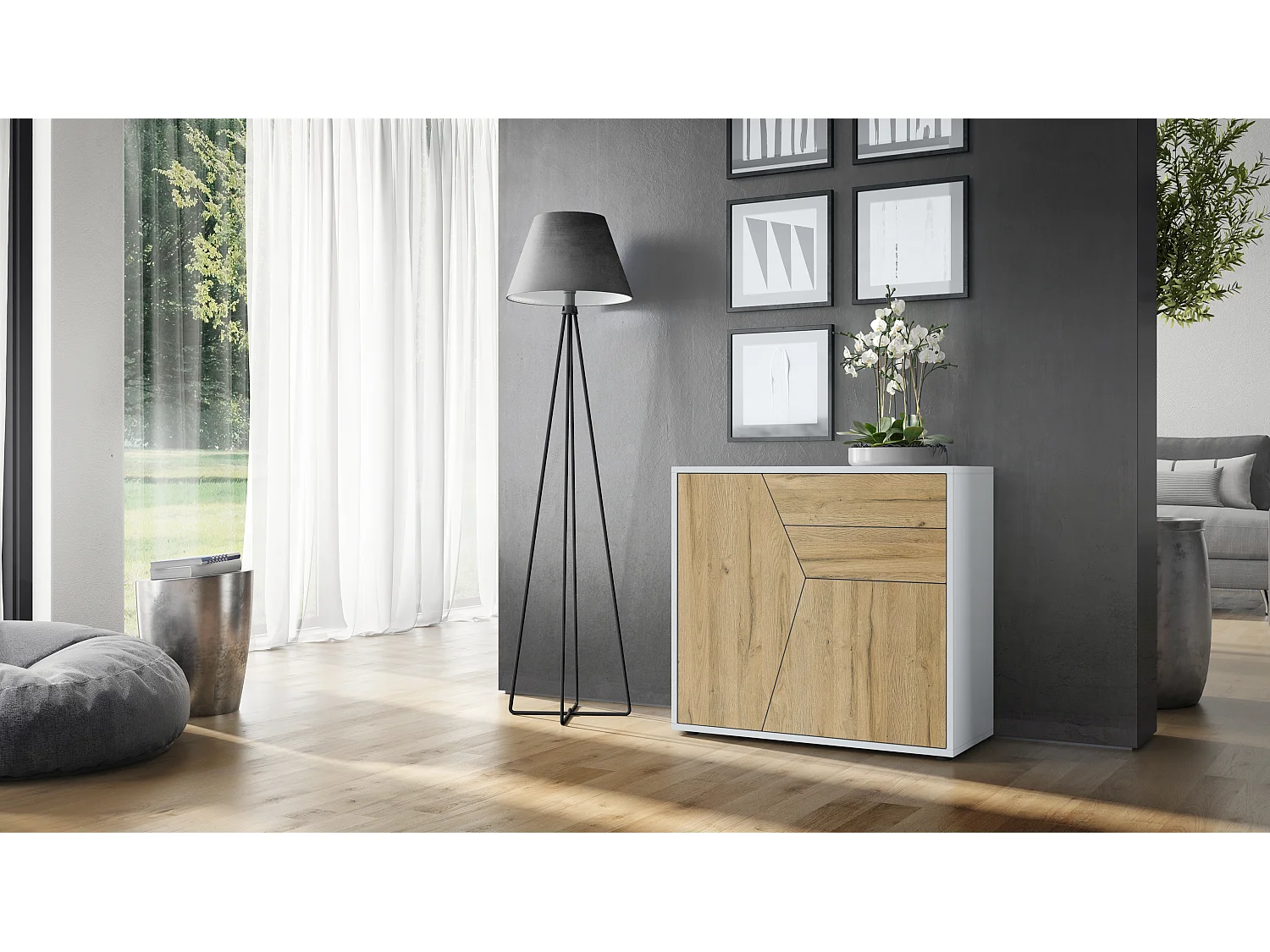 Credenza  Benny, mobile con 2 ante e 2 cassetti, bianco opaco/quercia naturale (79 x 74 x 36 cm)