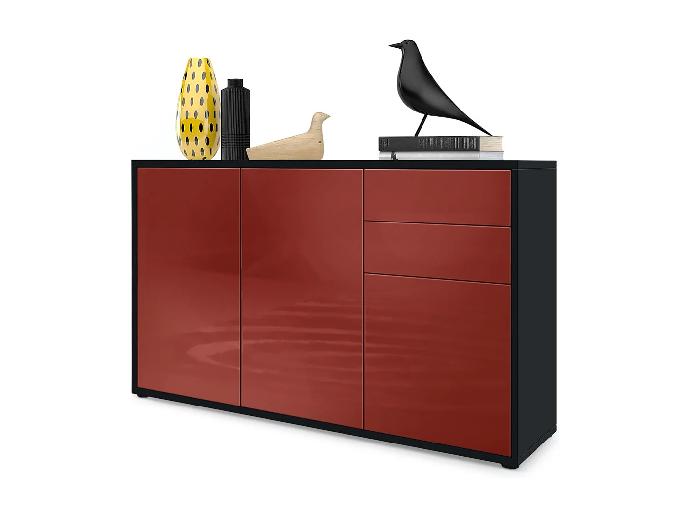 Buffet Ben V3, Commode avec 3 portes et 2 tiroirs, Noir mat/Bordeaux haute brillance (117 x 74 x 36 cm)