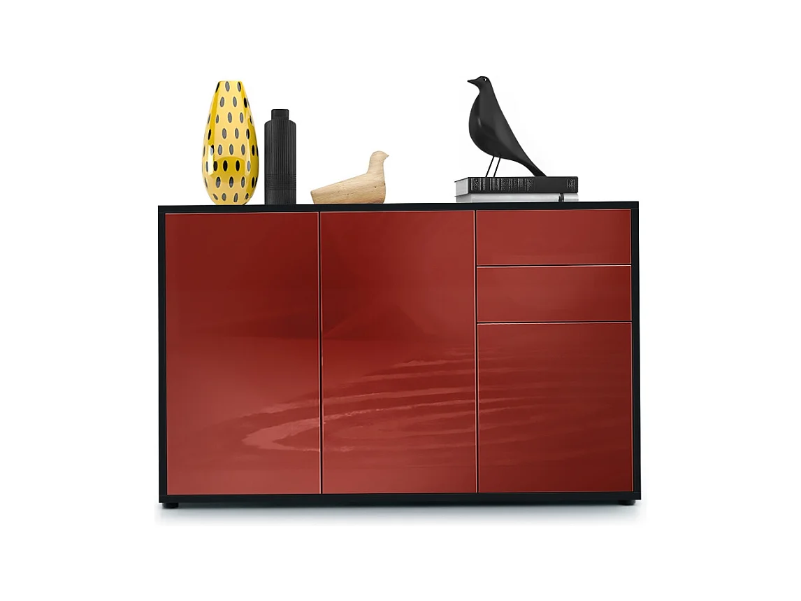Buffet Ben V3, Commode avec 3 portes et 2 tiroirs, Noir mat/Bordeaux haute brillance (117 x 74 x 36 cm)