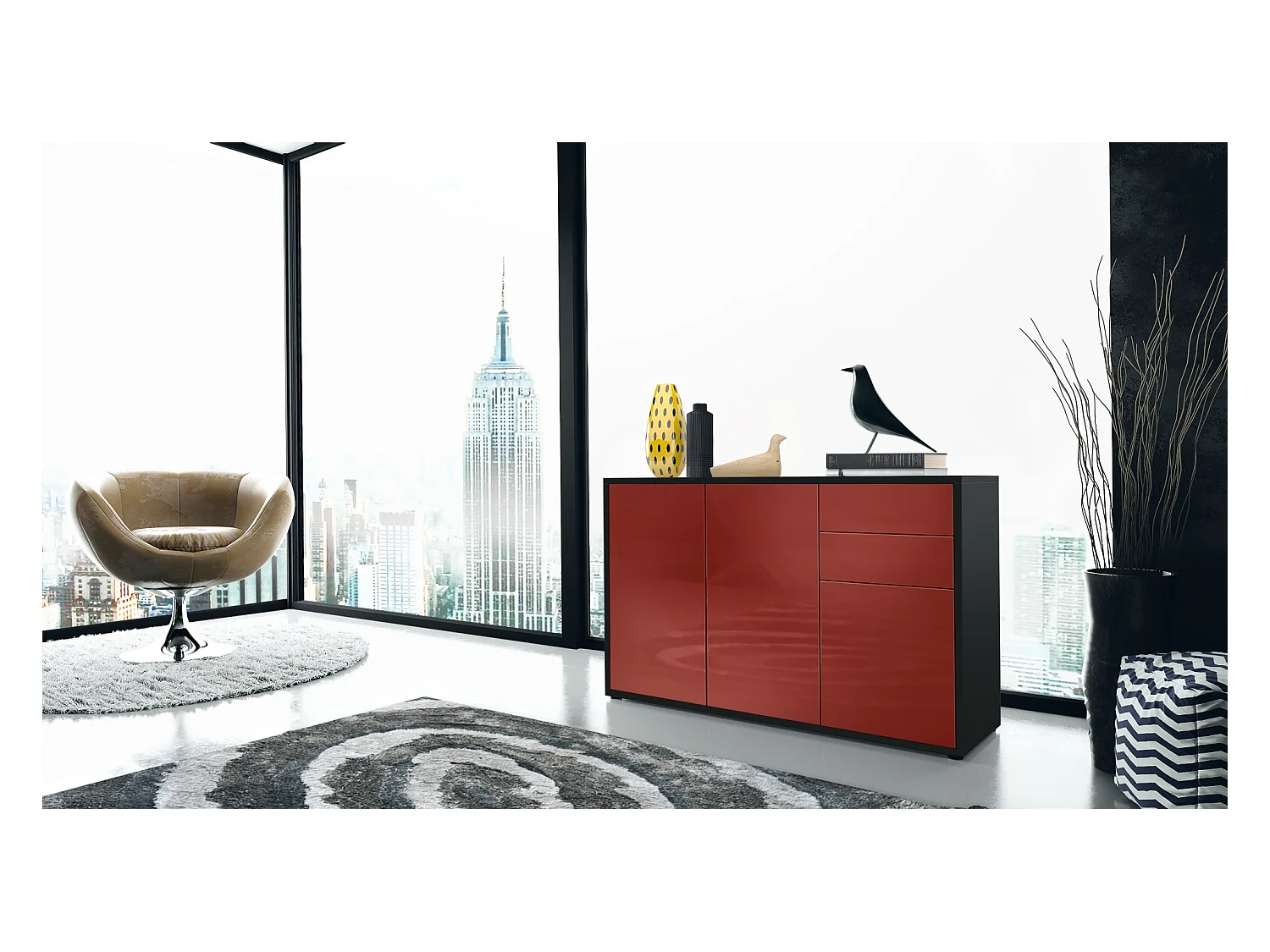 Buffet Ben V3, Commode avec 3 portes et 2 tiroirs, Noir mat/Bordeaux haute brillance (117 x 74 x 36 cm)