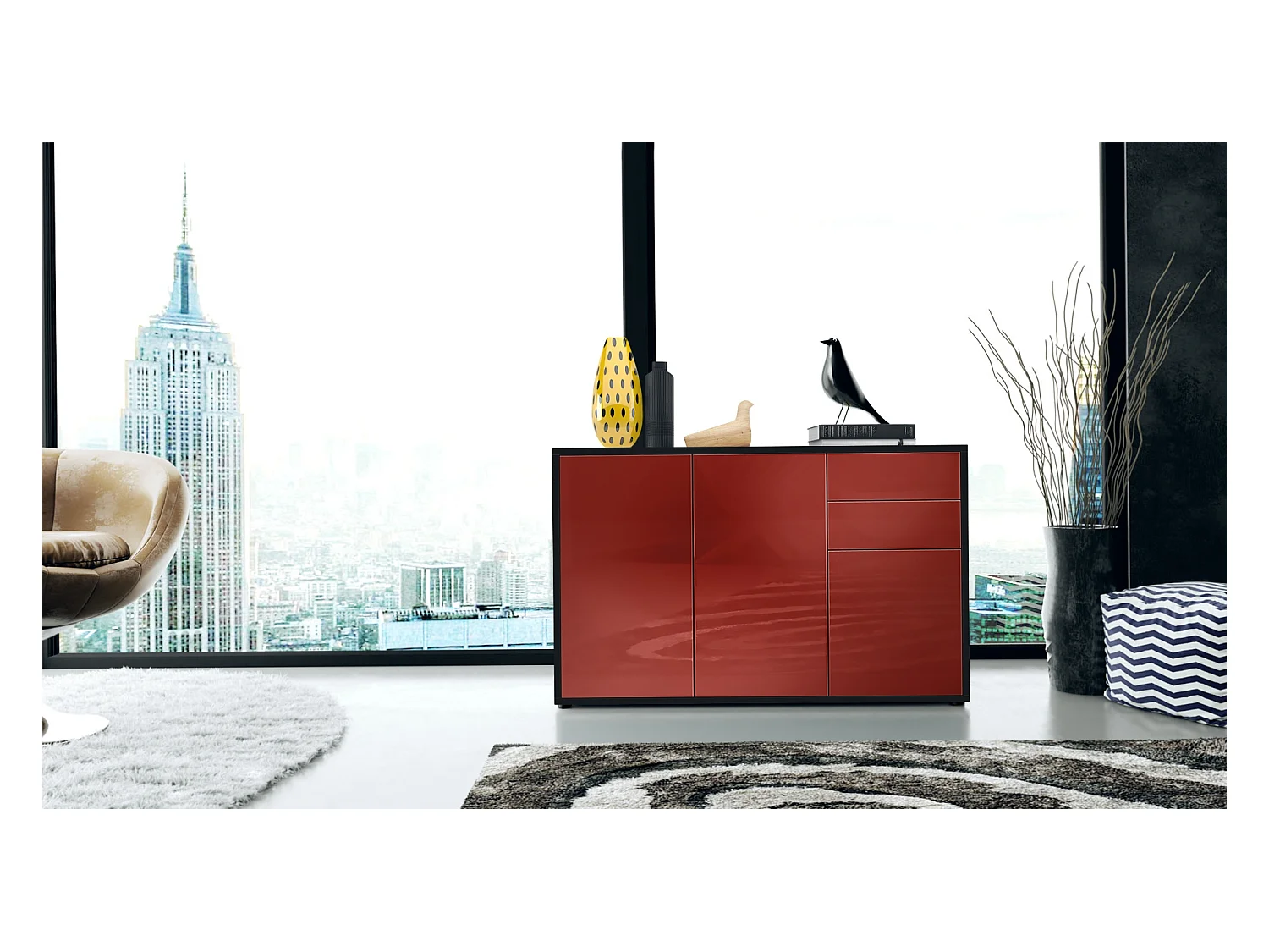 Buffet Ben V3, Commode avec 3 portes et 2 tiroirs, Noir mat/Bordeaux haute brillance (117 x 74 x 36 cm)