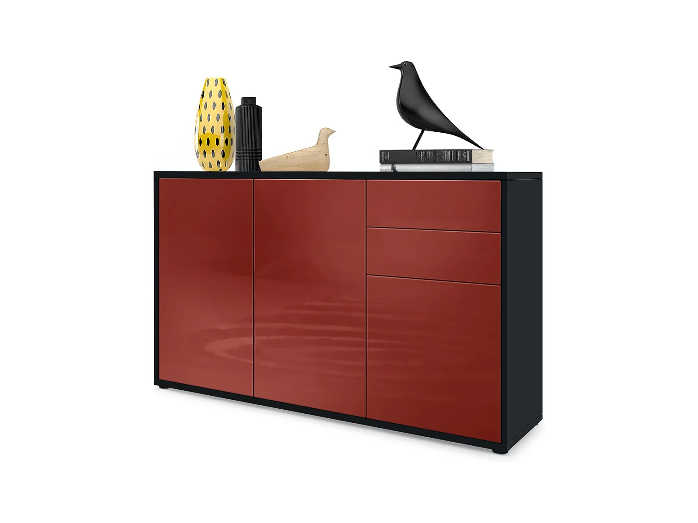 Buffet Ben V3, Commode avec 3 portes et 2 tiroirs, Noir mat/Bordeaux haute brillance (117 x 74 x 36 cm)