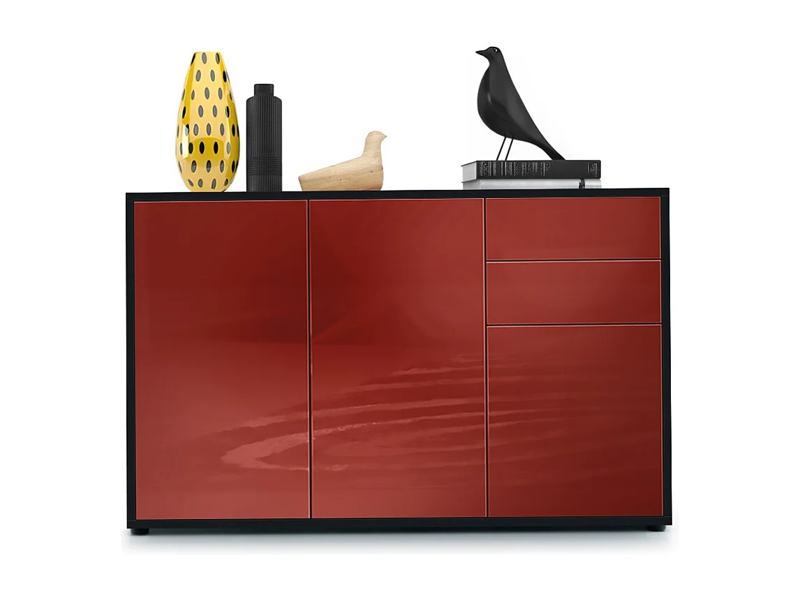 Buffet Ben V3, Commode avec 3 portes et 2 tiroirs, Noir mat/Bordeaux haute brillance (117 x 74 x 36 cm)