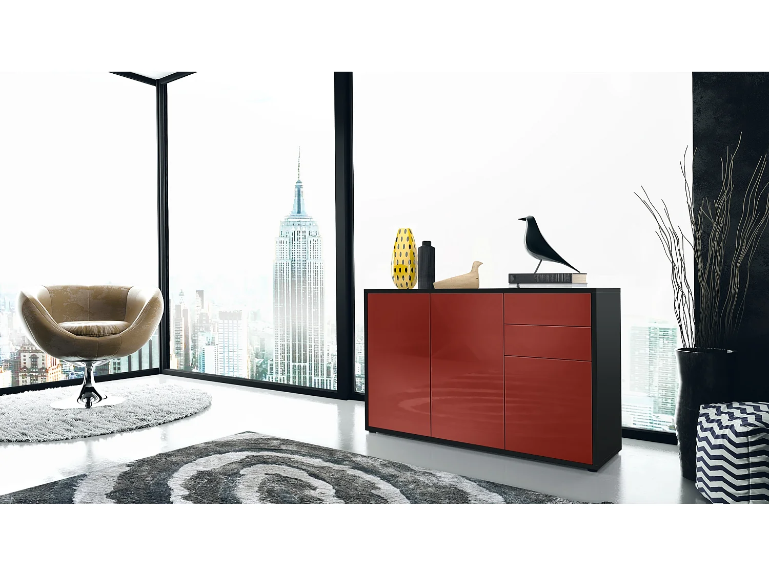 Buffet Ben V3, Commode avec 3 portes et 2 tiroirs, Noir mat/Bordeaux haute brillance (117 x 74 x 36 cm)