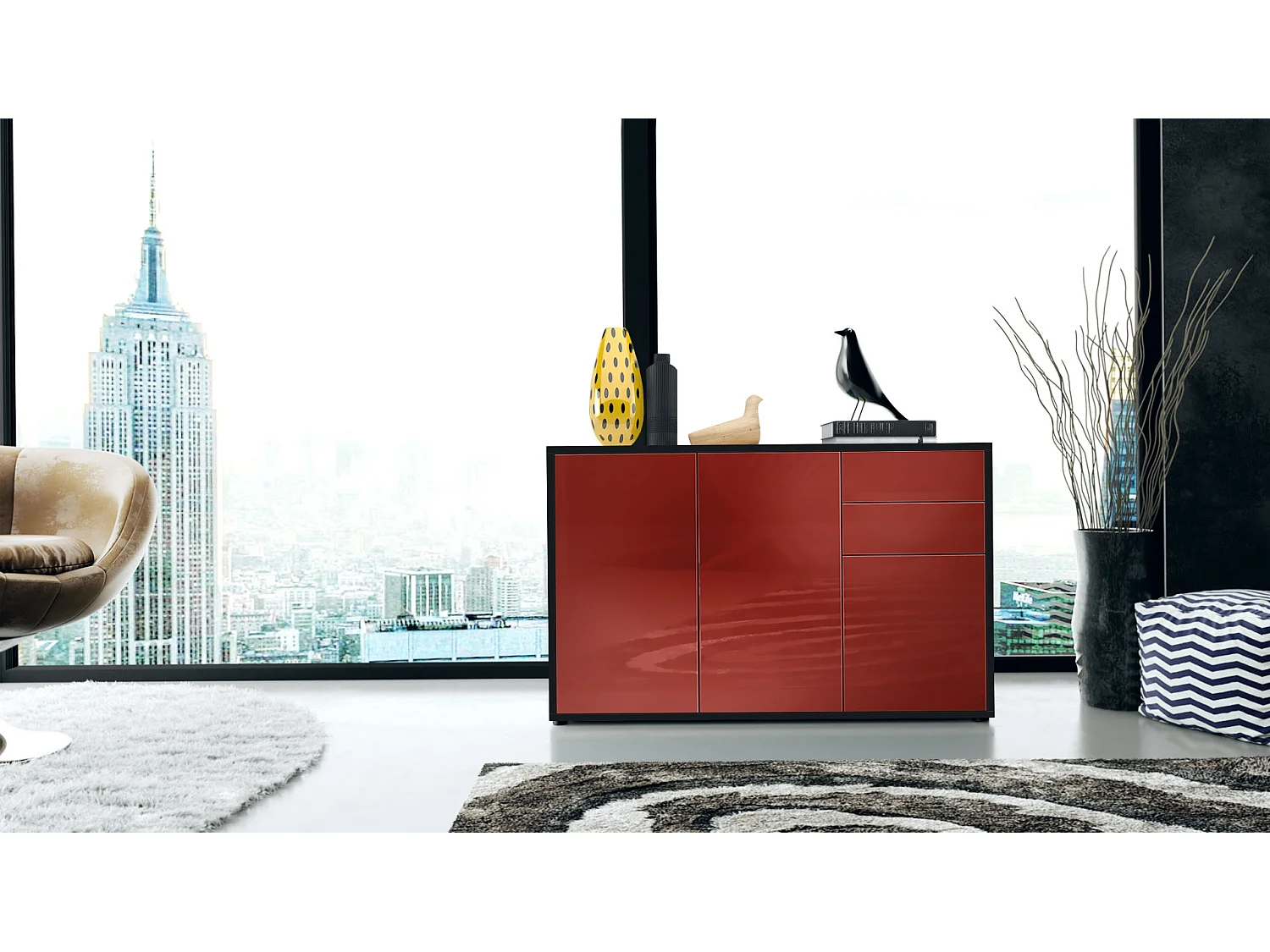 Buffet Ben V3, Commode avec 3 portes et 2 tiroirs, Noir mat/Bordeaux haute brillance (117 x 74 x 36 cm)