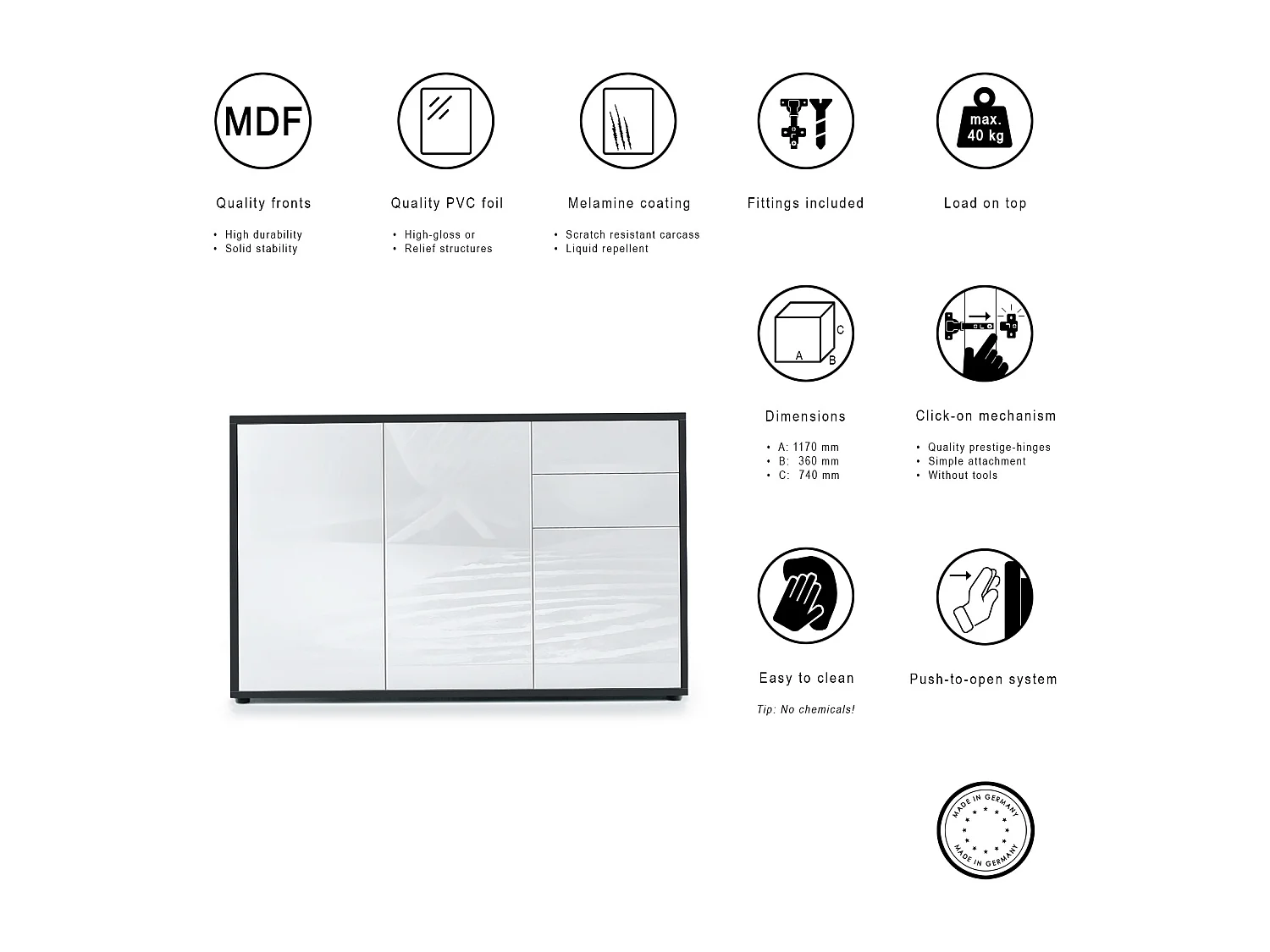 Buffet Ben V3, Commode avec 3 portes et 2 tiroirs, Noir mat/Bordeaux haute brillance (117 x 74 x 36 cm)