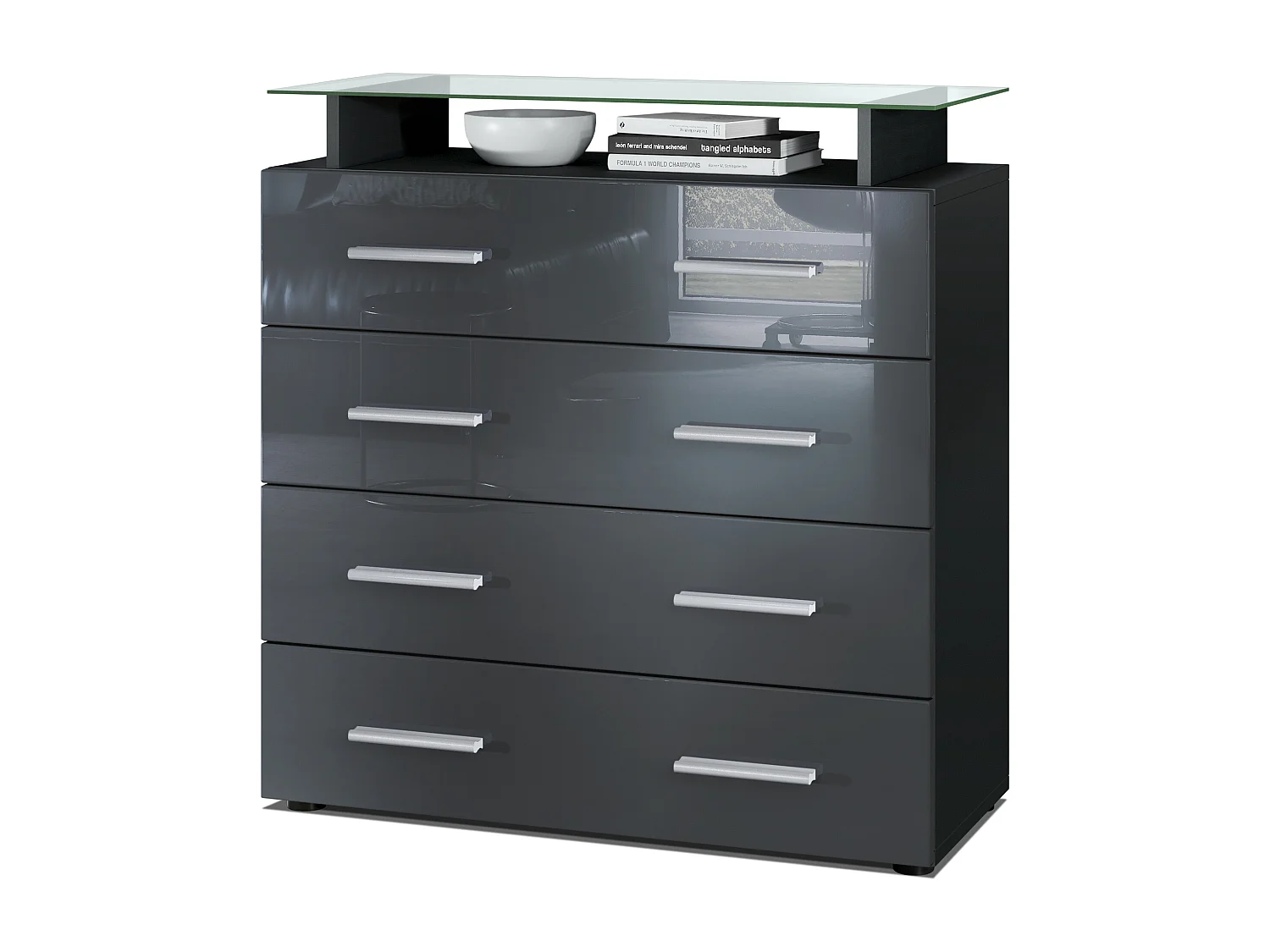 Buffet Pavos V2, Commode avec 4 tiroirs et mini-étagère en verre, noir mat/gris haute brillance (76 x 81 x 35 cm)