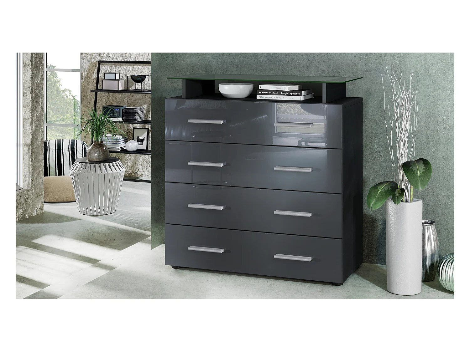 Buffet Pavos V2, Commode avec 4 tiroirs et mini-étagère en verre, noir mat/gris haute brillance (76 x 81 x 35 cm)