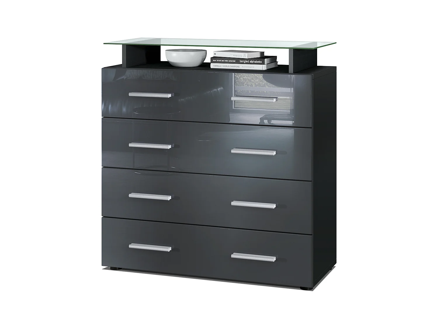 Buffet Pavos V2, Commode avec 4 tiroirs et mini-étagère en verre, noir mat/gris haute brillance (76 x 81 x 35 cm)