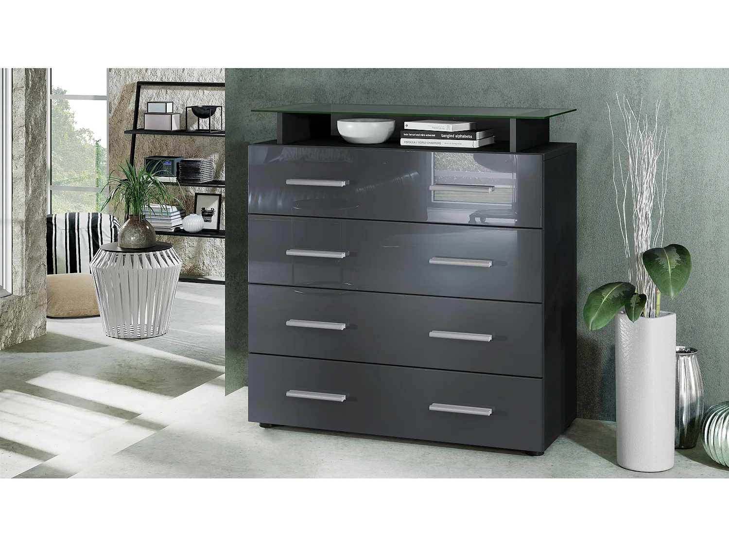 KOMMODE Pavos Grau Hochglanz