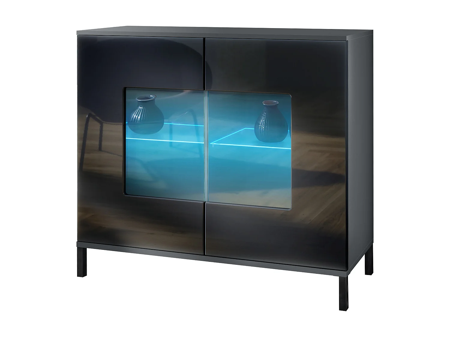 Commode Grömitz V3, Armoire de cuisine moderne avec 2 grandes portes vitrées incl. éclairage RGB anthracite mat / noir haute brillance (92,5 x 83.5 x 35)