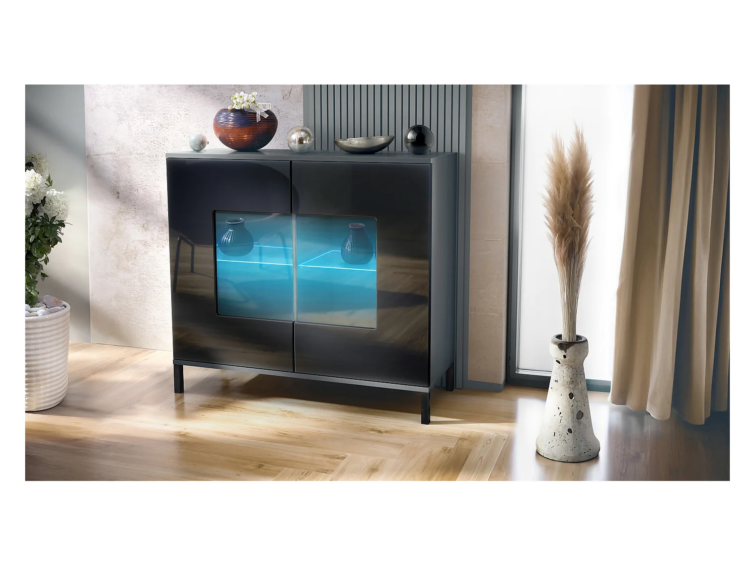 Commode Grömitz V3, Armoire de cuisine moderne avec 2 grandes portes vitrées incl. éclairage RGB anthracite mat / noir haute brillance (92,5 x 83.5 x 35)