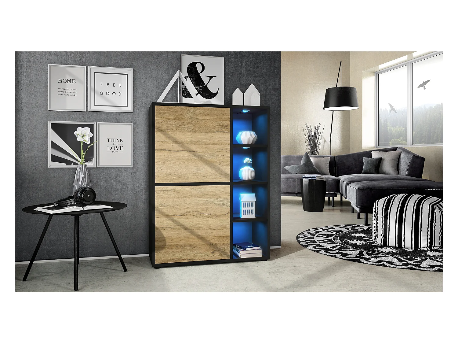 Buffet haut Cuba avec 8 compartiments, caisson en noir mat / Façades en Chêne Nature avec éclairage LED RGB