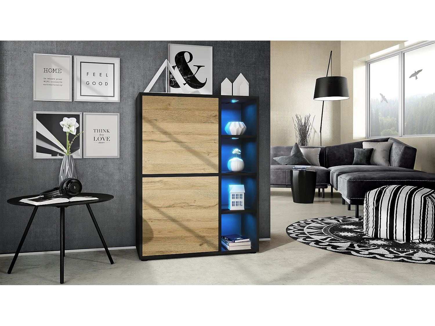 Buffet haut Cuba avec 8 compartiments, caisson en noir mat / Façades en Chêne Nature avec éclairage LED RGB