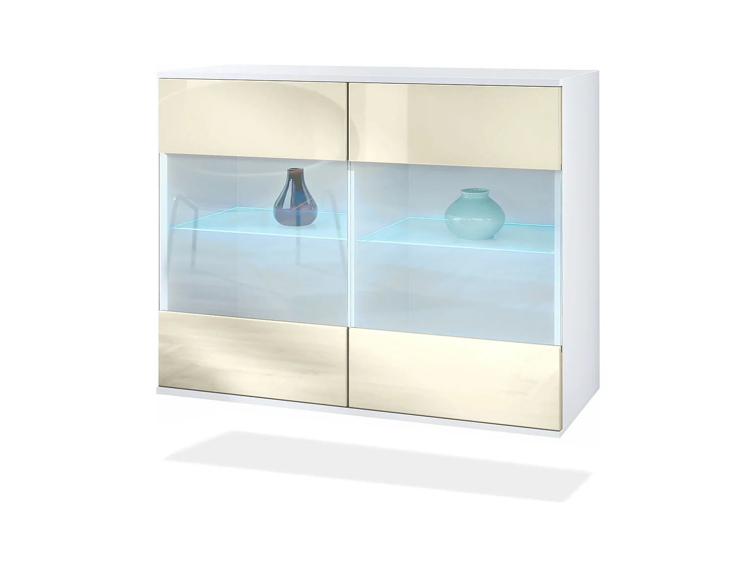 Commode Bari V3, Armoire de cuisine moderne avec 2 grandes portes vitrées incl. éclairage RGB blanc mat / crème haute brillance (92,5 x 73.5 x 35)