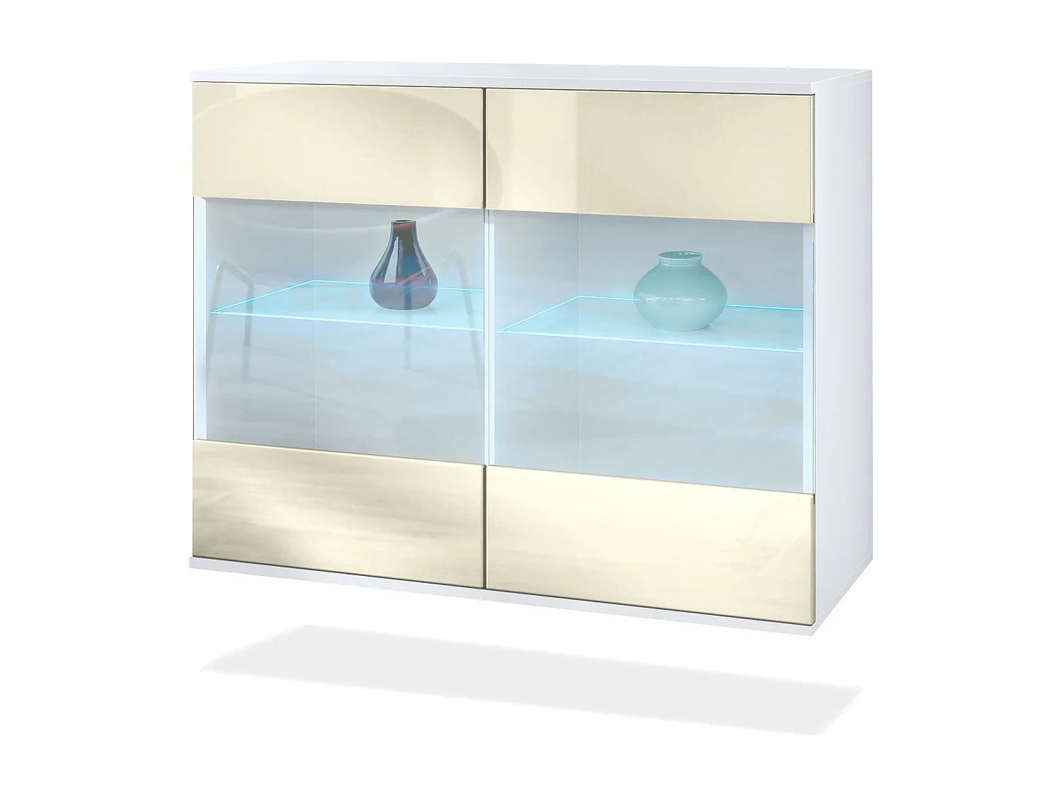 Cómoda Bari V3, Moderno armario de cocina con 2 grandes puertas de cristal incl. iluminación RGB blanco mate / crema de alto brillo (92,5 x 73.5 x 35)