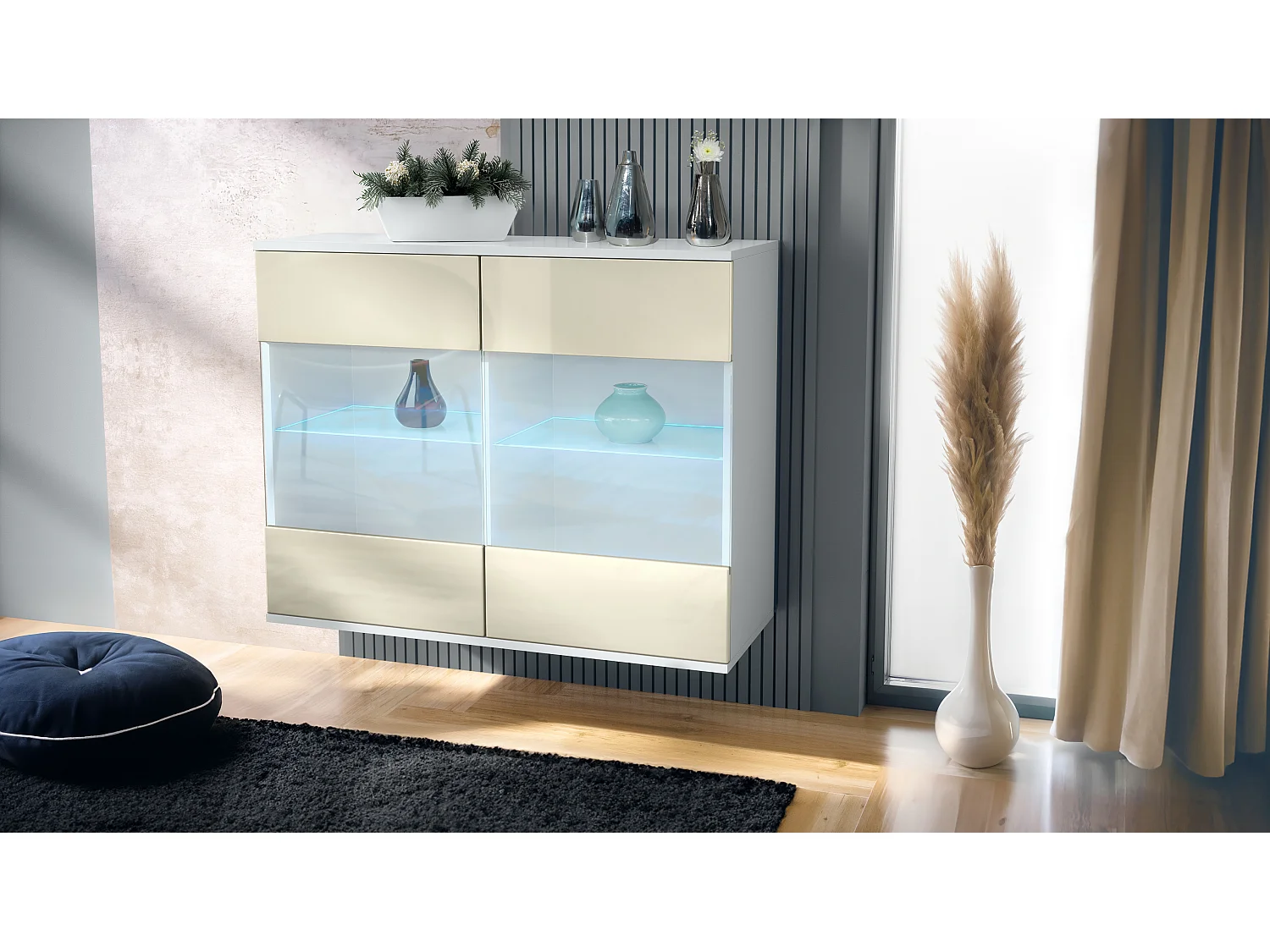 Cómoda Bari V3, Moderno armario de cocina con 2 grandes puertas de cristal incl. iluminación RGB blanco mate / crema de alto brillo (92,5 x 73.5 x 35)