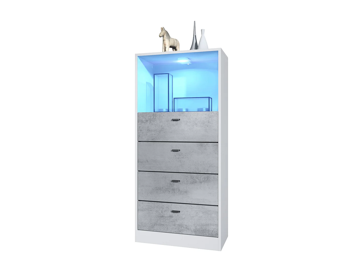 Commode Buffet Pino V3, avec 4 tiroirs & 1 compartiment ouvert, Anthracite mat/Aspect Béton Oxyde avec éclairage LED RVB (56 x 125 x 36 cm)