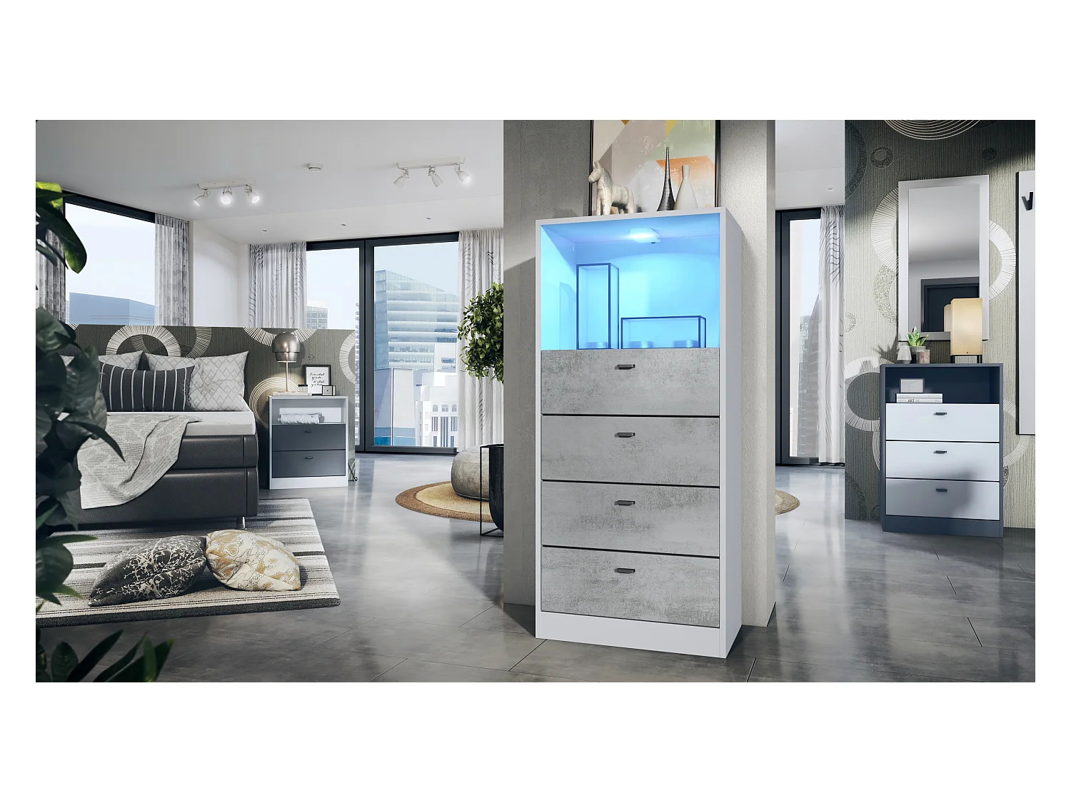 Commode Buffet Pino V3, avec 4 tiroirs & 1 compartiment ouvert, Anthracite mat/Aspect Béton Oxyde avec éclairage LED RVB (56 x 125 x 36 cm)