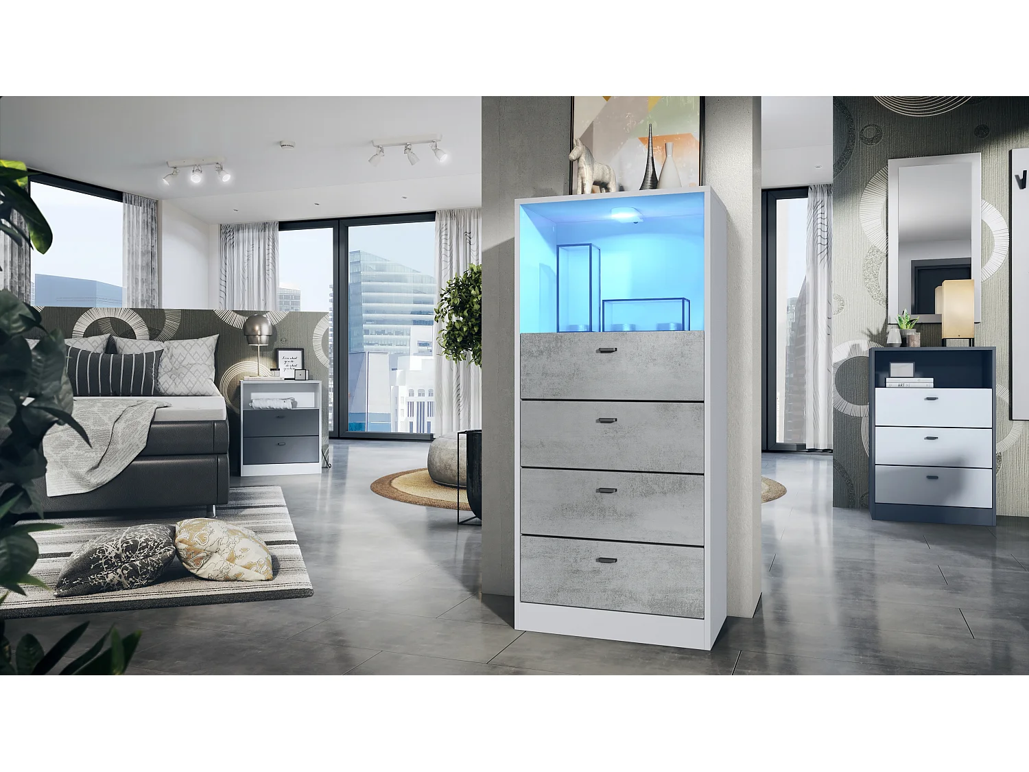 Commode Buffet Pino V3, avec 4 tiroirs & 1 compartiment ouvert, Anthracite mat/Aspect Béton Oxyde avec éclairage LED RVB (56 x 125 x 36 cm)