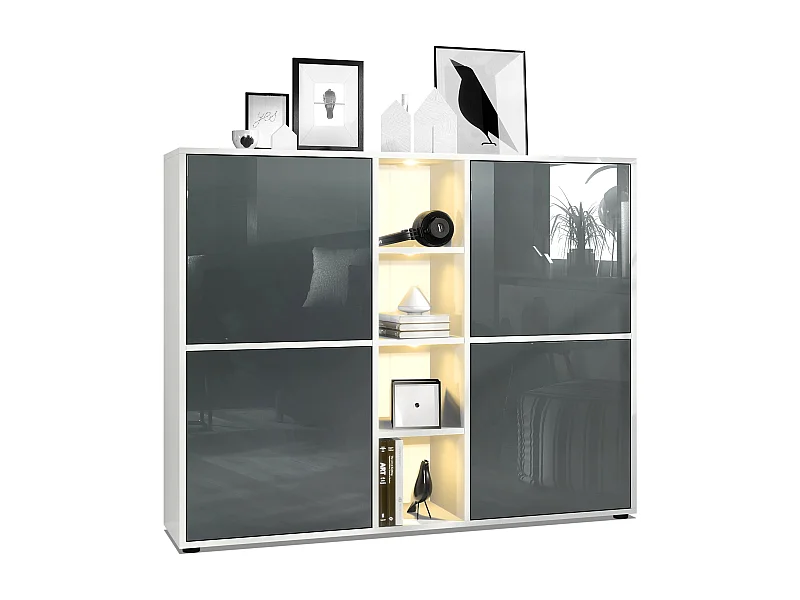 Highboard Cuba V3, blanc mat/gris haute brillance y compris LED - Buffet moderne à 12 compartiments (130,5 x 105,5 x 35,5 cm)