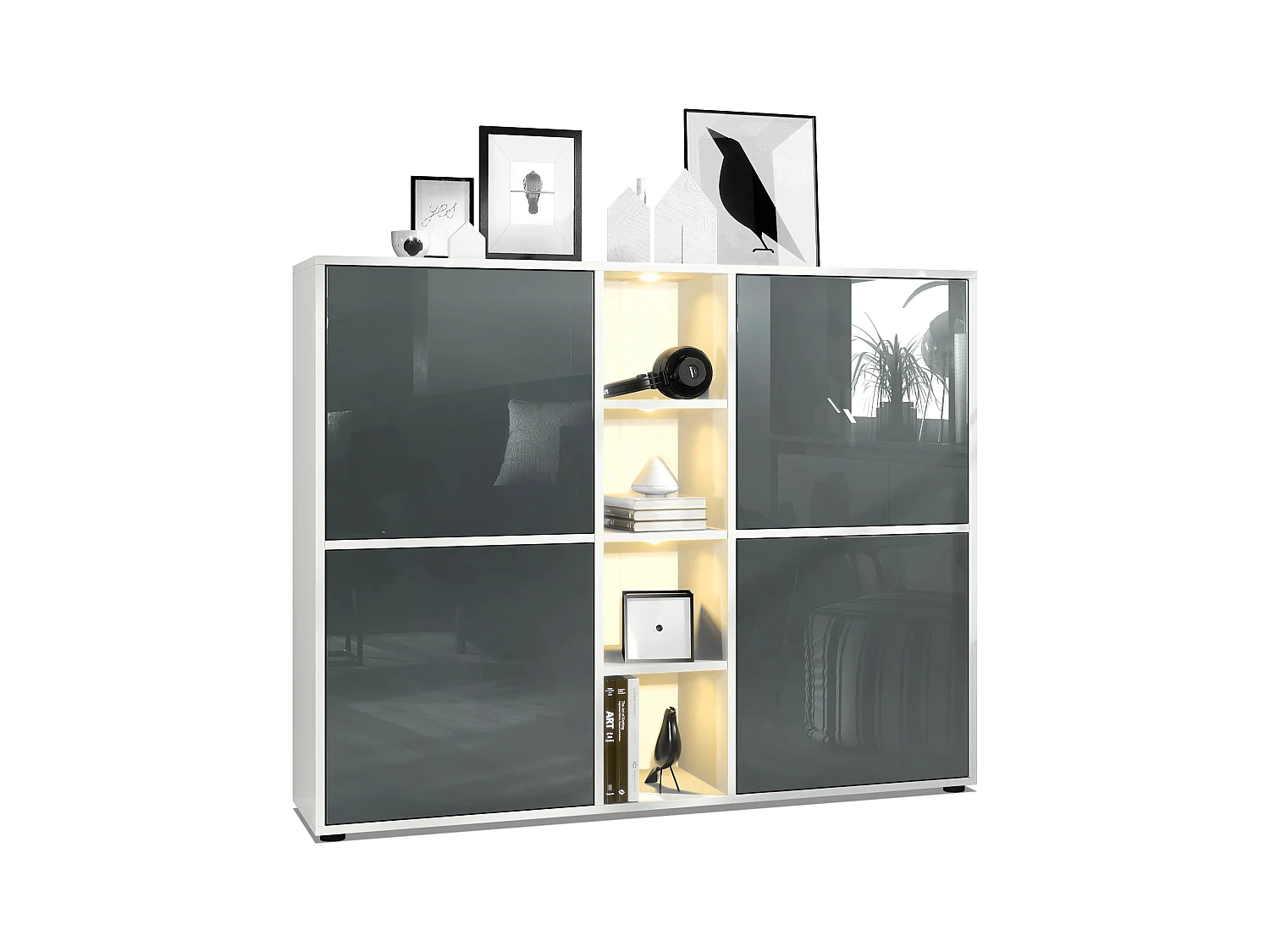 Highboard Cuba V3, blanc mat/gris haute brillance y compris LED - Buffet moderne à 12 compartiments (130,5 x 105,5 x 35,5 cm)