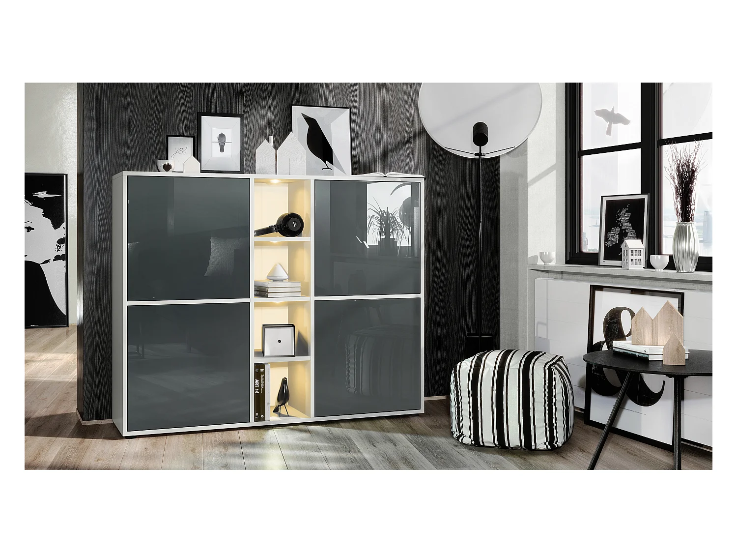 Highboard Cuba V3, blanc mat/gris haute brillance y compris LED - Buffet moderne à 12 compartiments (130,5 x 105,5 x 35,5 cm)