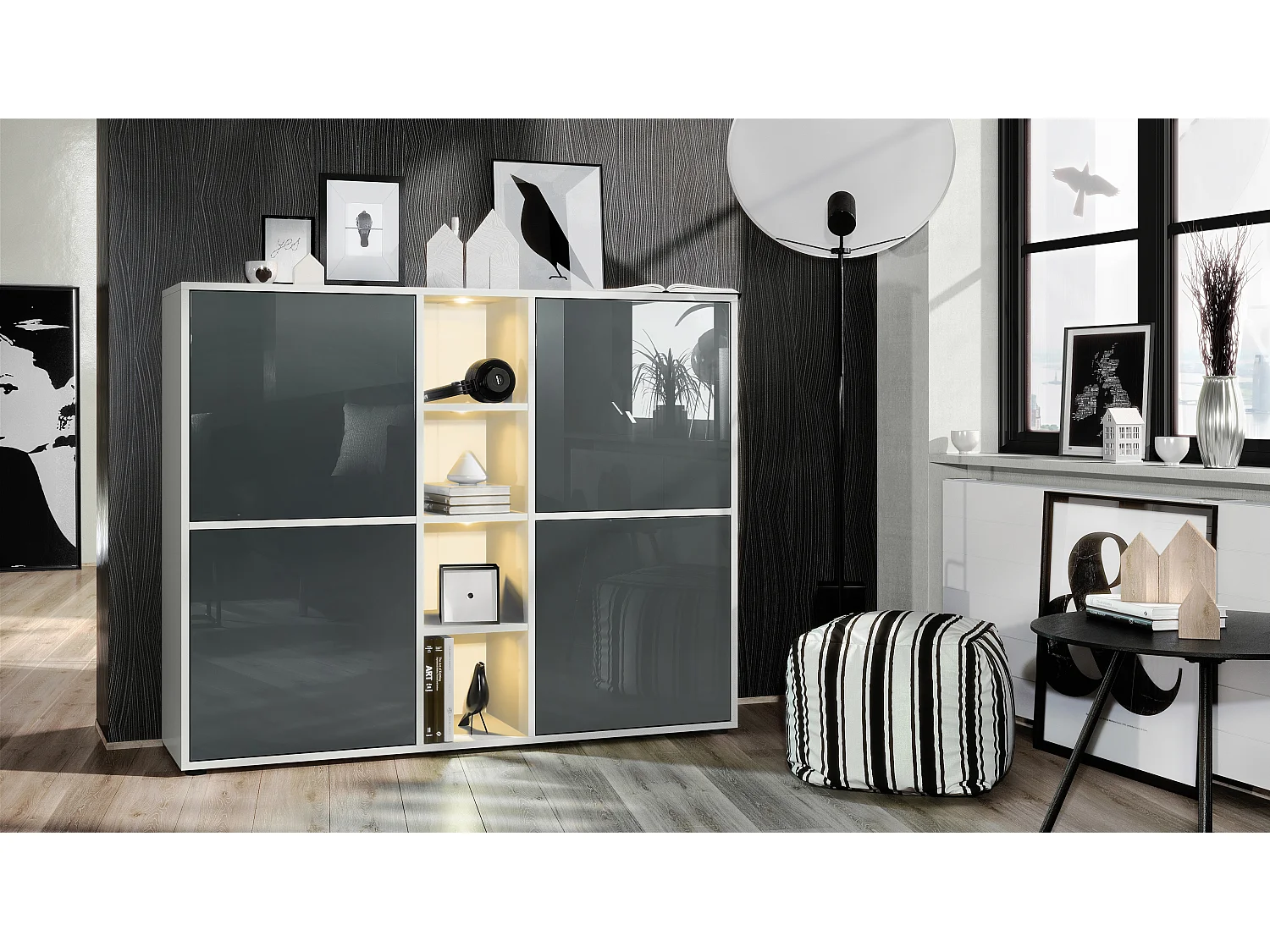 Vladon Credenza Cuba V3, bianco opaco/grigio lucido incl. LED - Credenza moderna con 12 scomparti (130,5 x 105,5 x 35,5 cm)