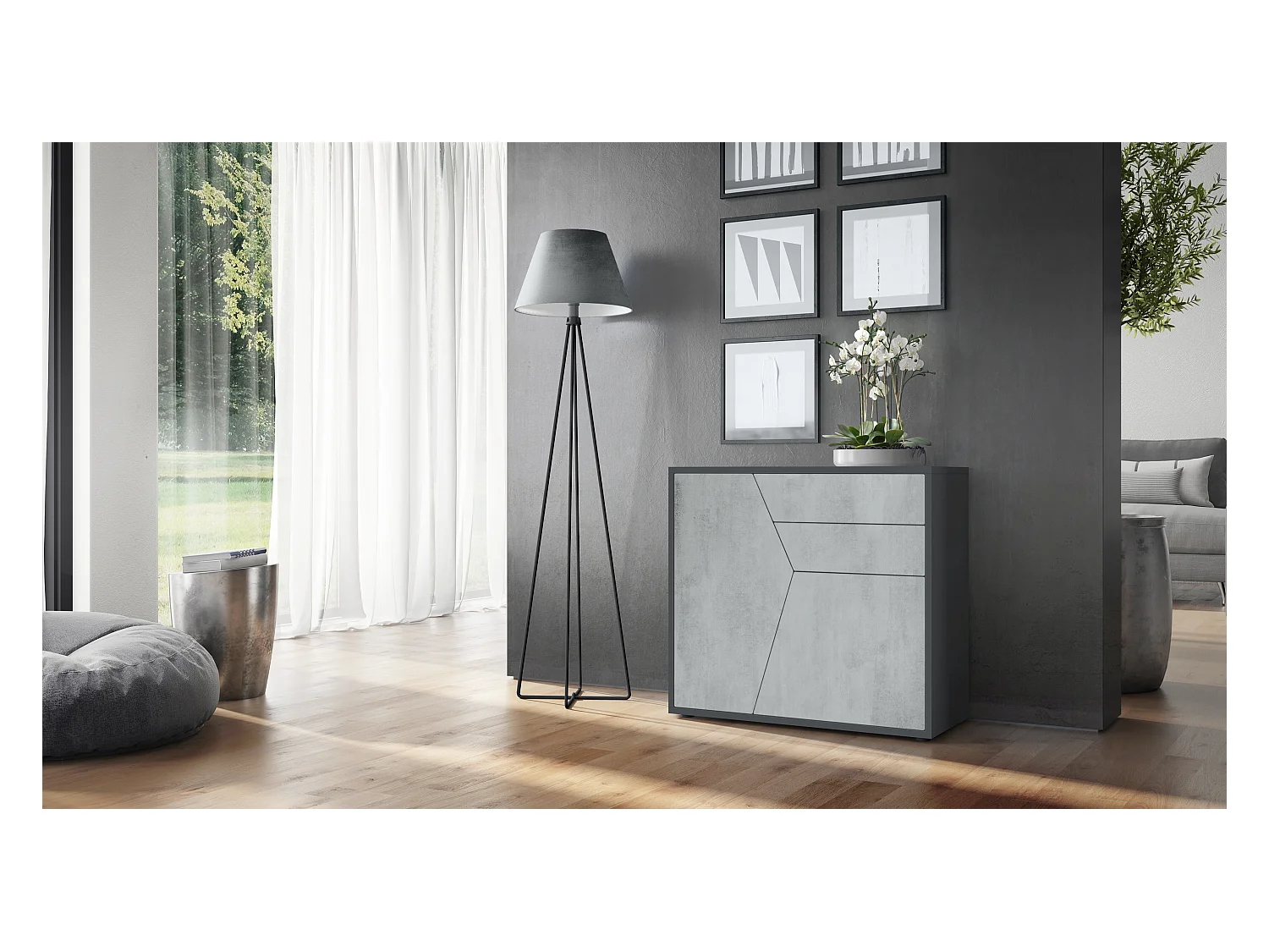 Buffet Benny, Commode avec 2 portes et 2 tiroirs, Noir mat/Aspect Béton Oxyde (79 x 74 x 36 cm)