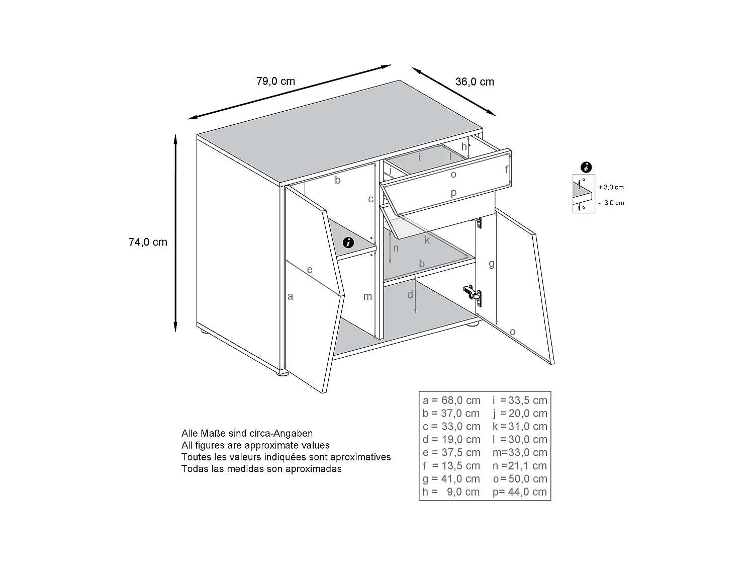 Buffet Benny, Commode avec 2 portes et 2 tiroirs, Noir mat/Aspect Béton Oxyde (79 x 74 x 36 cm)
