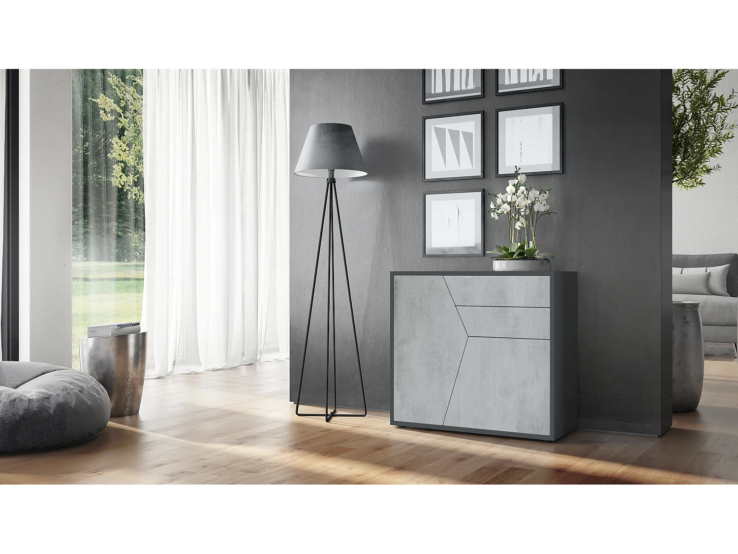 Buffet Benny, Commode avec 2 portes et 2 tiroirs, Noir mat/Aspect Béton Oxyde (79 x 74 x 36 cm)