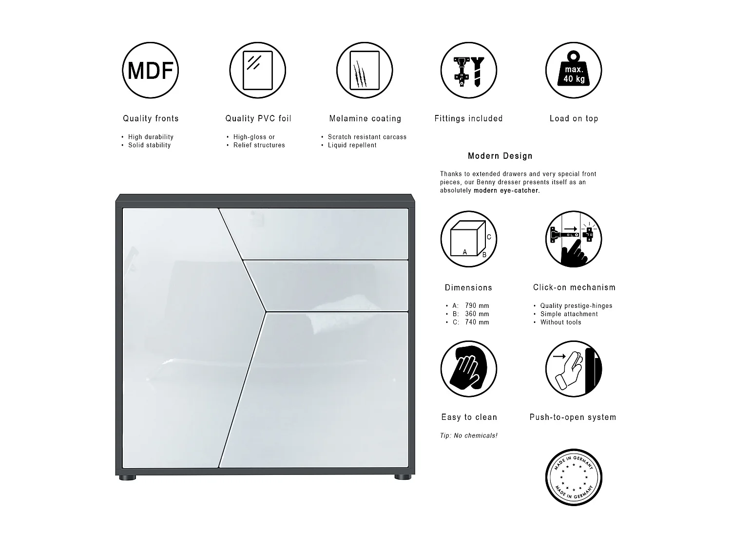 Buffet Benny, Commode avec 2 portes et 2 tiroirs, Noir mat/Aspect Béton Oxyde (79 x 74 x 36 cm)