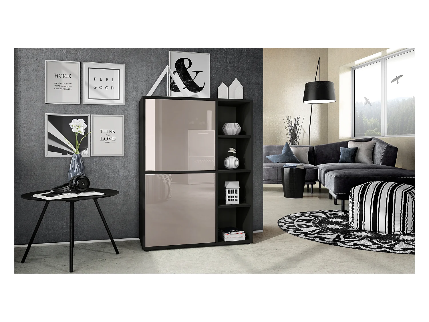 Buffet haut Cuba avec 8 compartiments, caisson en noir mat / Façades en Gris sable laqué haute brillance