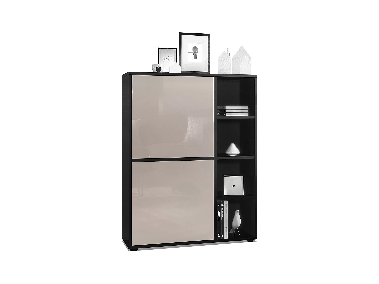 Buffet haut Cuba avec 8 compartiments, caisson en noir mat / Façades en Gris sable laqué haute brillance